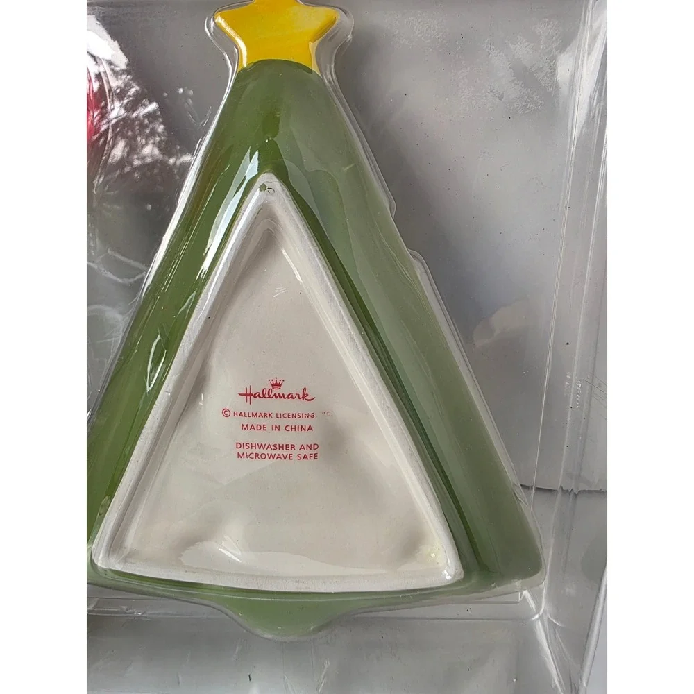 Hallmark Christmas Tree Appetizer Plate and Spreader Set Red Light Bulbs Ceramic